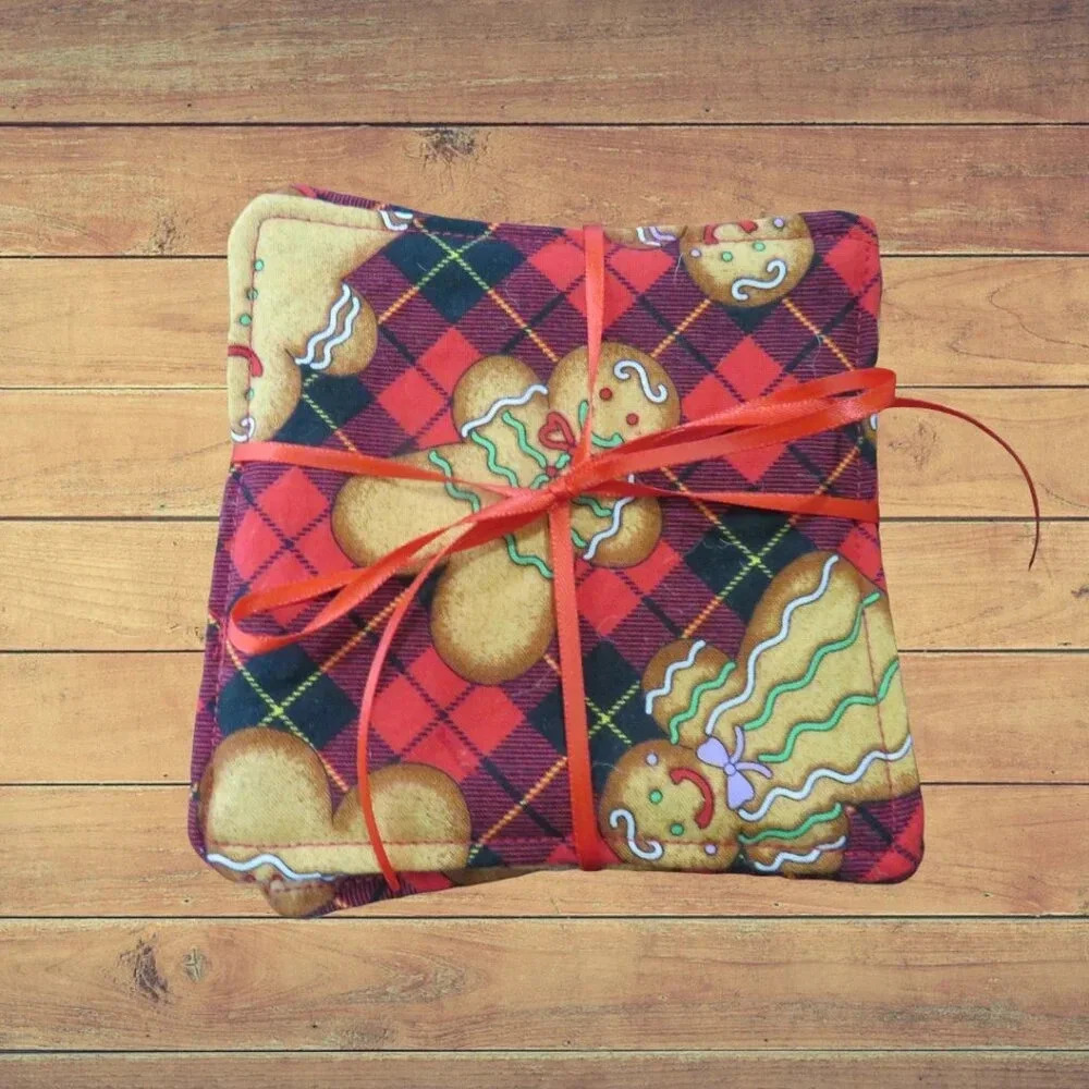 Fabric Coasters, Set Of 4, Reversible Christmas Gingerbread Men and Red Gingham